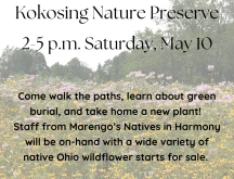 Kokosing Nature Preserve Native Plant Sale Mothers Day Weekend flyer.